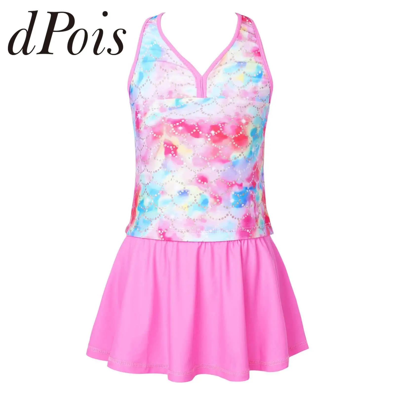 

Kids Girls Swimsuit Beachwear Outfits V Neck Sleeveless Top with Briefs and Skirt Set Children Tankini Swimwear Bathing Suits