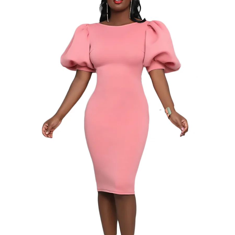 

Summer Elegent African Women Short Sleeve Solid Color Knee-length Dress African Dresses for Women African Clothes S-3XL