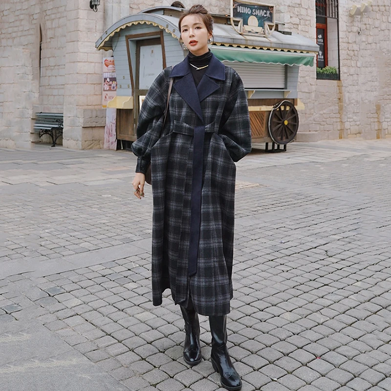 

Women's Woolen Coat Long Winter Plaid Splicing Korean Casual Retro Ladies Cloak Thick Loose Fashion Lapel Straight Jacket Female