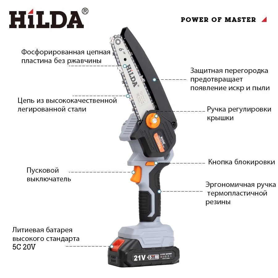 HILDA 6-дюймовая 21 В мини-бензопила Беспроводная перезаряжаемая ручная маленькая