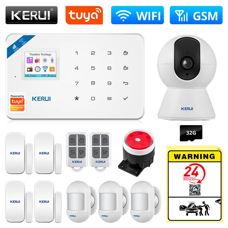 KERUI Wireless Smart Home WIFI GSM Security Alarm System SMS Tuya APP Control House Motion Detector Sensor Burglar IP Camera