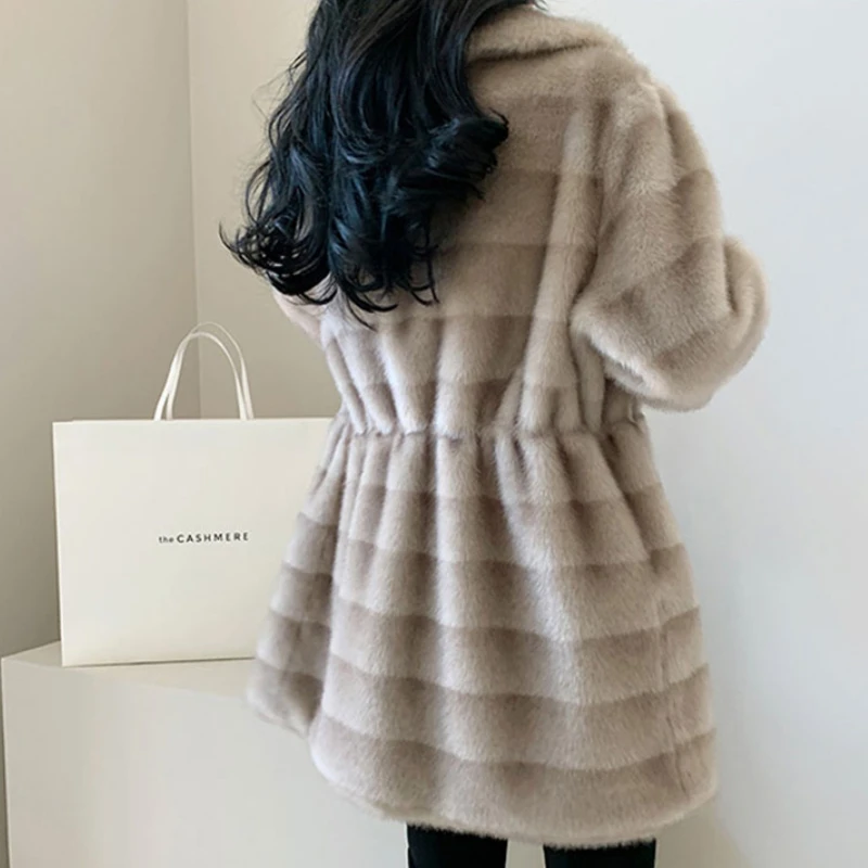 Women Faux Fur Coats Gradient Mink Turn-down Collar Stripe Clothes Warm Thicken Long Jacket Winter 2023 Soft Furry Overcoat New