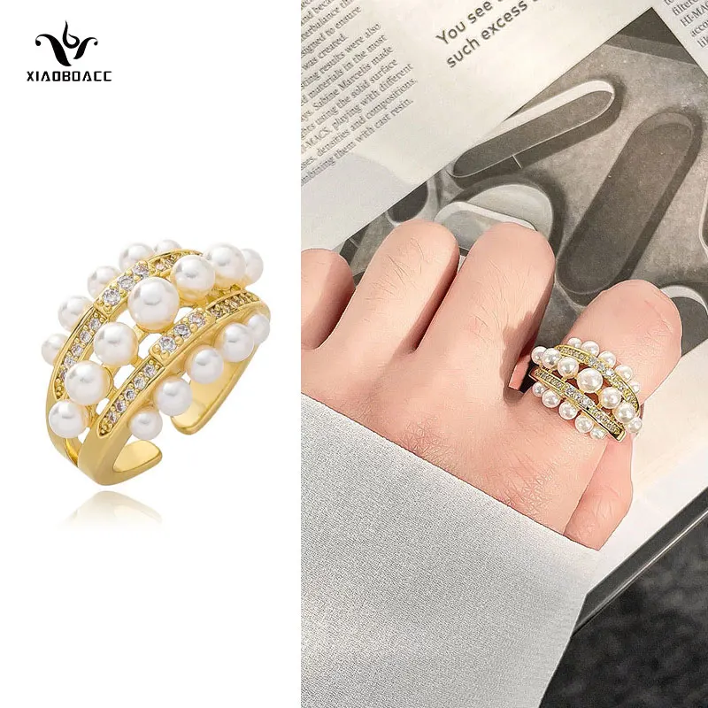 

XiaoboACC Multi-layer Pearl Rings for Woman Hypoallergenic Mirco Inlay Zircon Adjustable Index Finger Open Ring