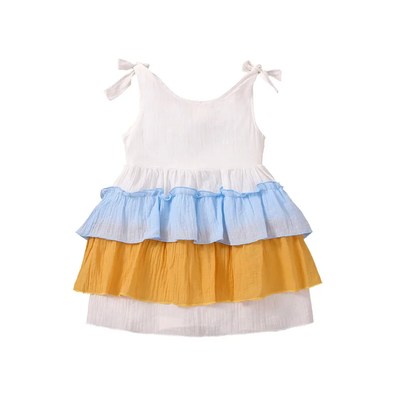 

Toddler Kids Summer Vacation Suspender Dress Patchwork Tie-up Sleeveless Backless Layered Ruffle Casual Princess Dress Baby Girl