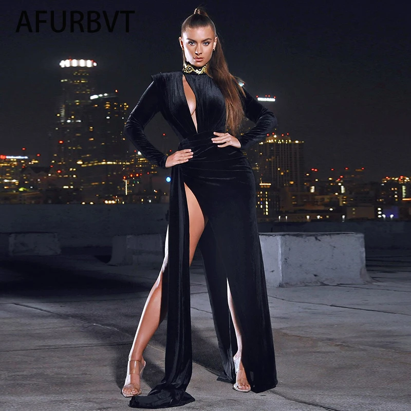 Women Elegant Velvet Prom Dress Sexy Hollow Out Crew Neck Long Sleeve High Split Fashion Evening Party gowns