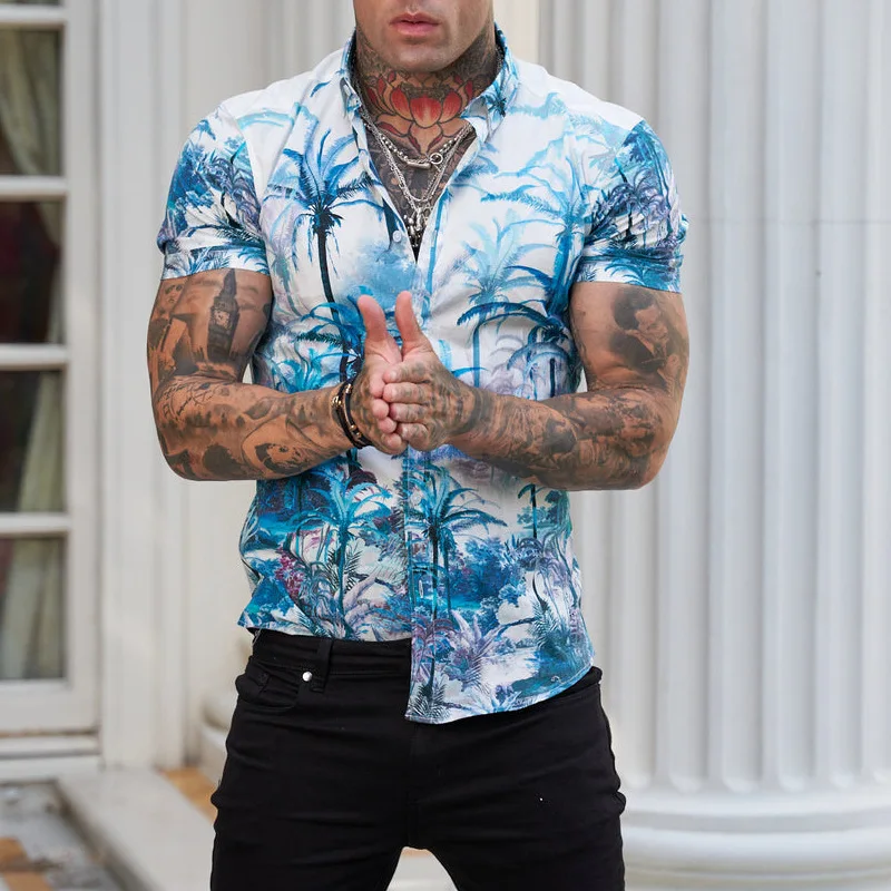 New Casual Men Slim Fit Print Party Club Shirt Fashio Brand Printed Shirt Spring and Autumn Men Fashion Trend Shor Sleeve Shirt