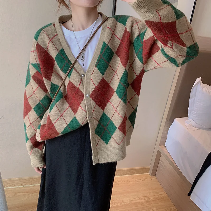 

Fall Winter Women 2022 Vneck Button Vintage PLAID Sweater Korean Baggy Cardigan Contrast Patchwork Harajuku Knitted Sweater Top