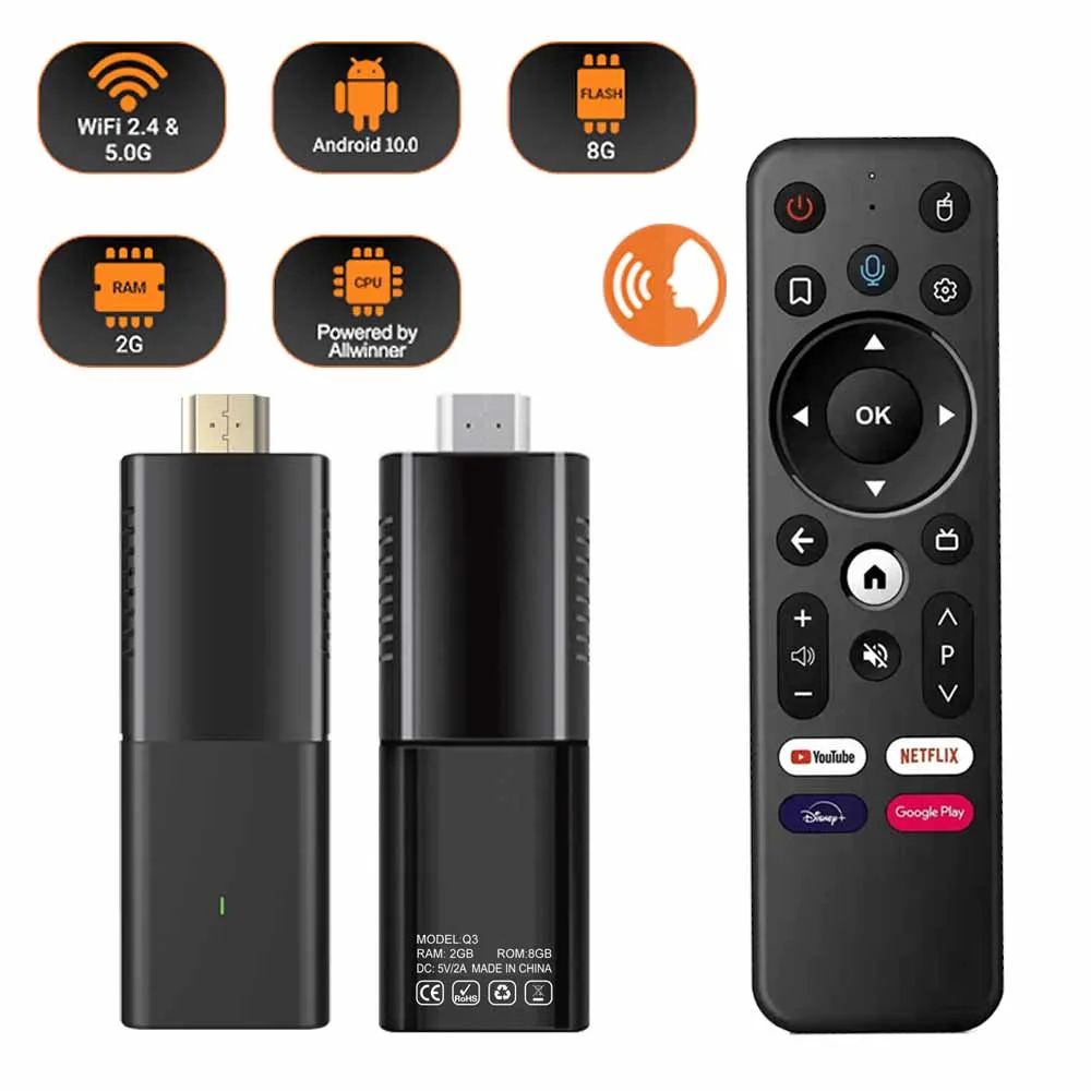 Четырехъядерный 4K Mini TV Stick Android 8. 0 2 ГБ 8 Firestick 5G WIFI BT голосовой пульт дистанционного