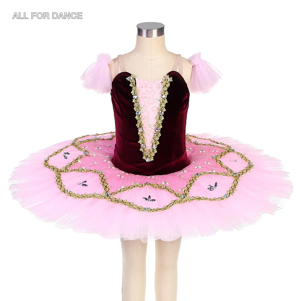 

BLL524 Burgundy Velvet Pre-Professional Ballet Costume Pink Pancake Tutu Girls and Women Performance Costume Ballerina Dress