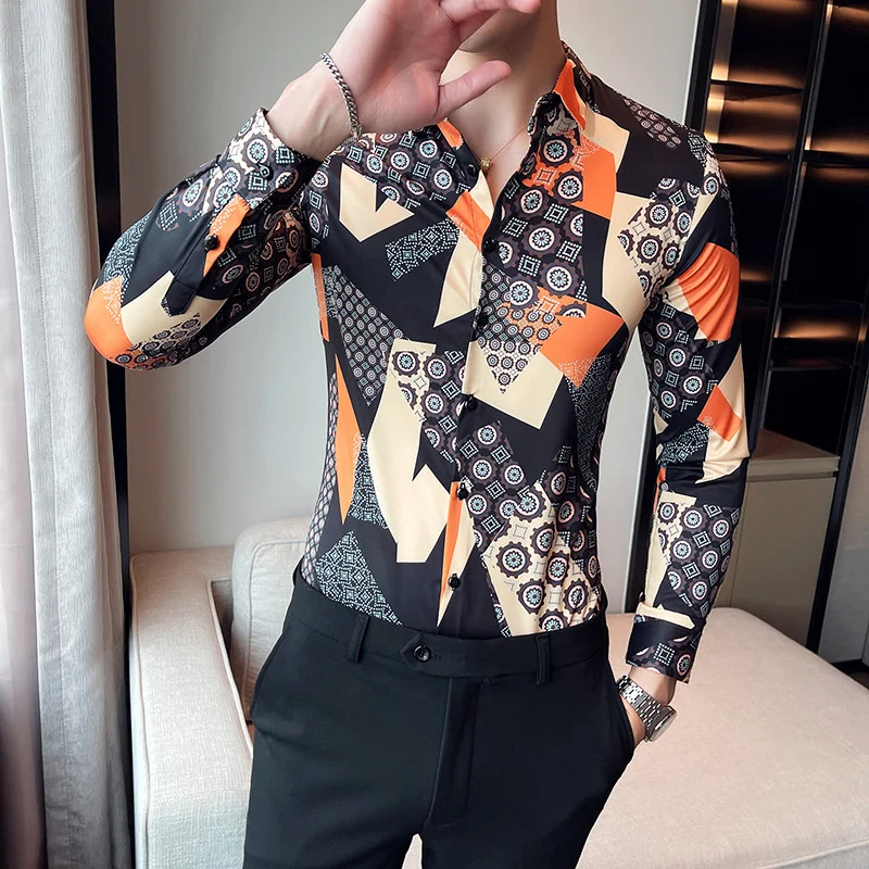 

Slim Fashion Fit Long Sleeve Casual Shirt Male Business Formal Dress Shirts Social Tuxedo Blouse Luxury Retro Print Men's Shirt