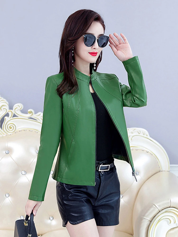 New Women Leather Jacket Spring Autumn Fashion Small Stand Collar Slim Sheepskin Short Coat Split Leather Outerwear Streetwear