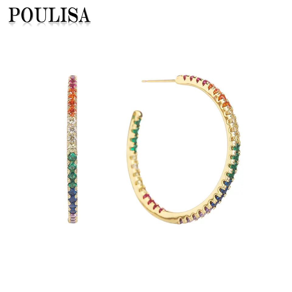 

Poulisa Luxury Rainbow Color Cubic Zircon Big Hoop Earrings Simple Circle Earrings for Women Wedding Party Gift Fashion Jewelry