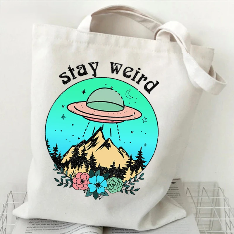 

Stay Weird Ufo Cartoon Alien Print Large Capacity Shopping Bag Women's Handbags Reusable Ladies Tote Bags Shopping Bag for Girls