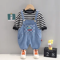 lzh baby girl clothes sets fashion 2022 autumn clothing new baby boy striped sweatshirt embroidery denim overalls suit 1 4 years