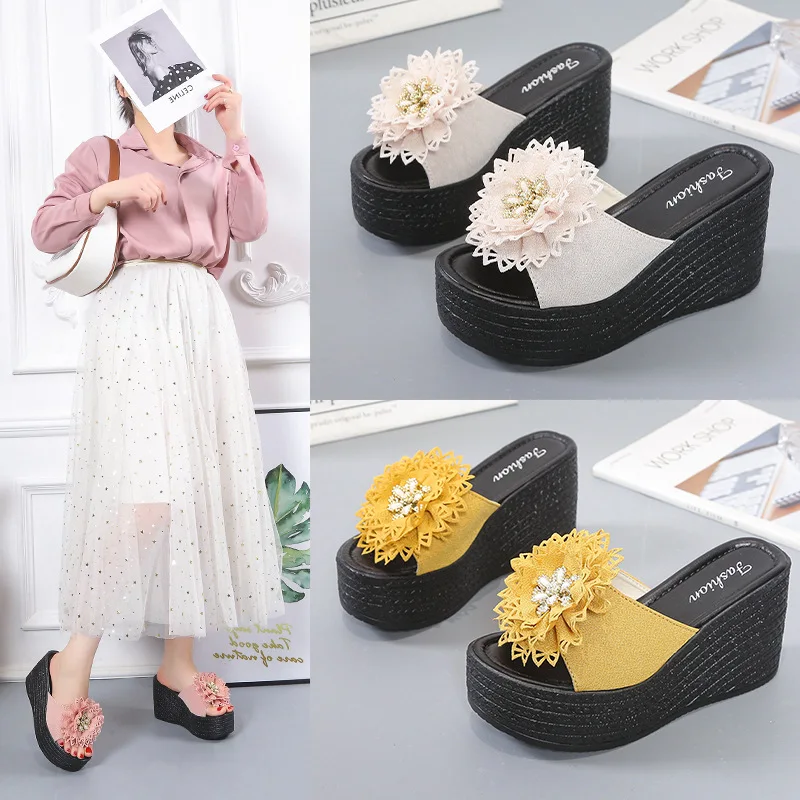 Summer Thick Bottom Wedge Heel Open Toe Sandals and Slippers Women's Fashion Flower Women's Slippers Increase Women's Shoes