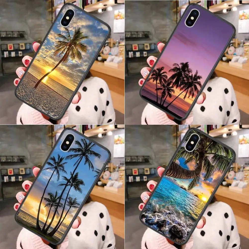 

For iPhone 13 12 11 Pro Max 8 6S 7 Plus XS XR Mini 5S SE 2022 7P 6P Black Cover Art Waterproof Tpu Bumper Summer Beach Scene At