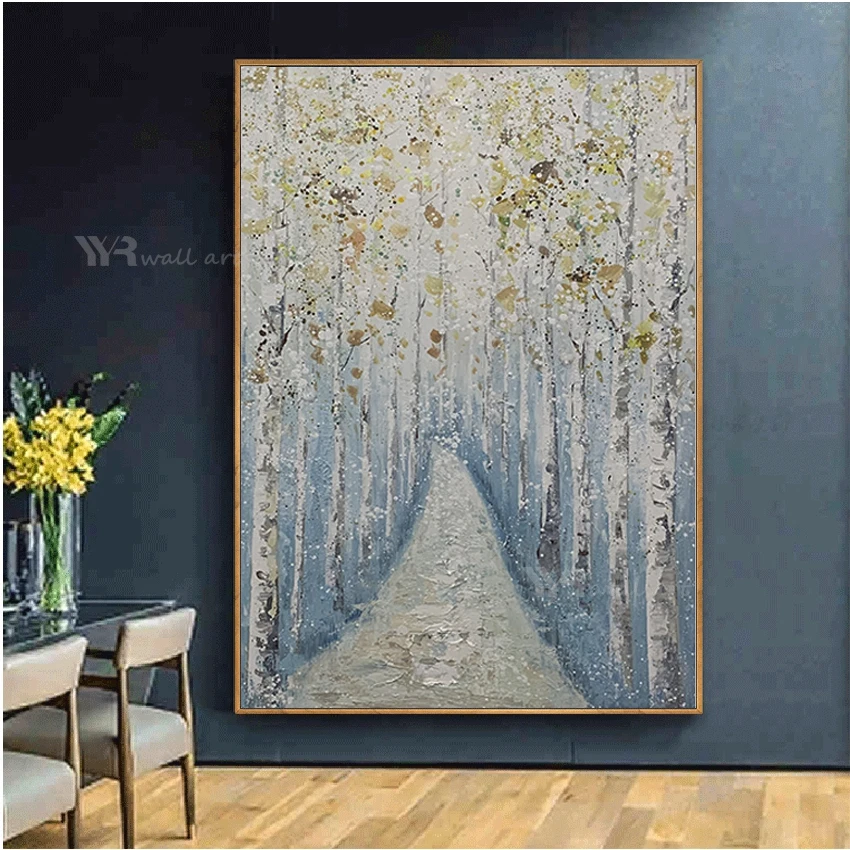 

Beautiful Picture Birch Forest Gold Leaf Trees Landscape Wall Art Poster Hangmade Oil Painting On Canvas Mural For Living Room