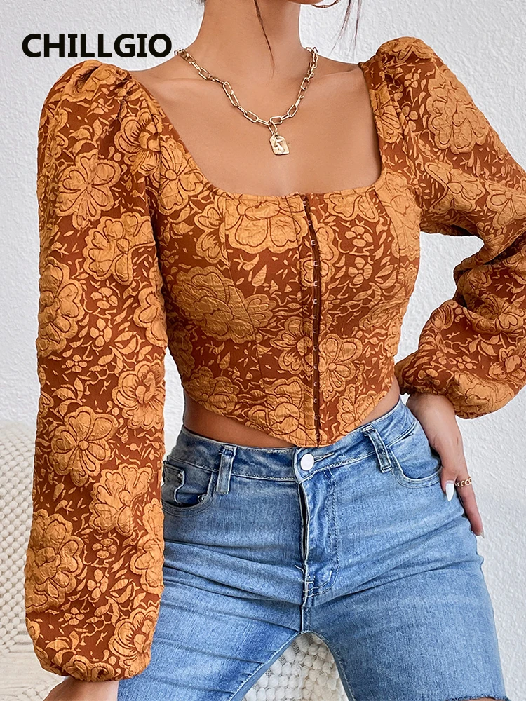 

CHILLGIO Floral Print Blouse Women Long Puff Sleeves Bohemian Square Collar Fashion Streetwear Chic Autum Winter Vintage Tops