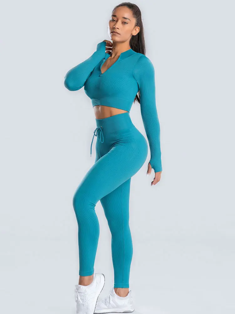 

Seamless Yoga Set Sport Suit Women Zipper Bra Crop Top High Waist Gym Leggings Outdoor Run Workout Clothes Fitness Female Outfit