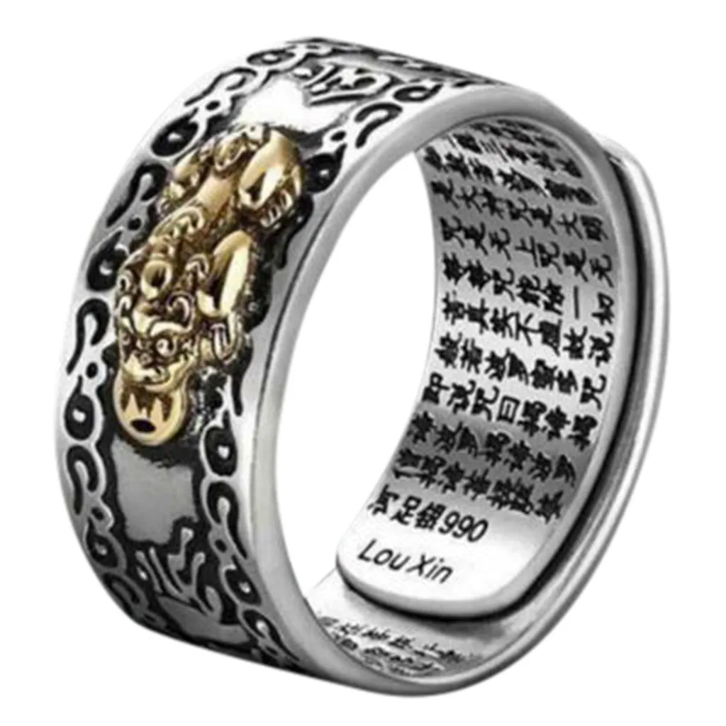 

Feng Shui PIXIU Charms Ring Amulet Wealth Lucky Carving Scripture Open Adjustable Rings Buddhist Jewelry for Women and Men Gift