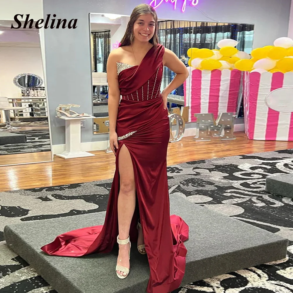 

Shelina Charming Prom Dress Trumpet One Shoulder Sleeveless Crystal Split Sweep Train Backless Satin Vestido De Noite Customized