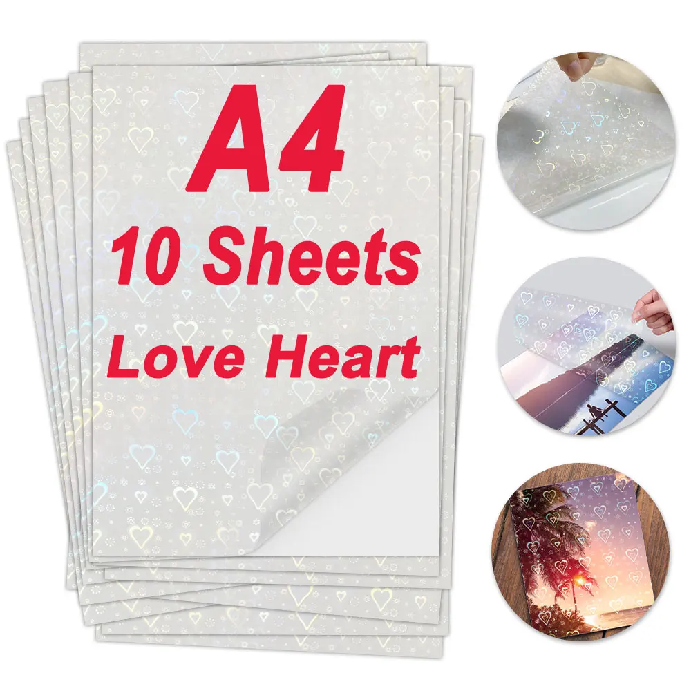 10 Sheet Cold Laminating Film Holographic Rainbow Love Heart Shape Transparent Holographic Self-adhesive Sticker DIY Phone Case