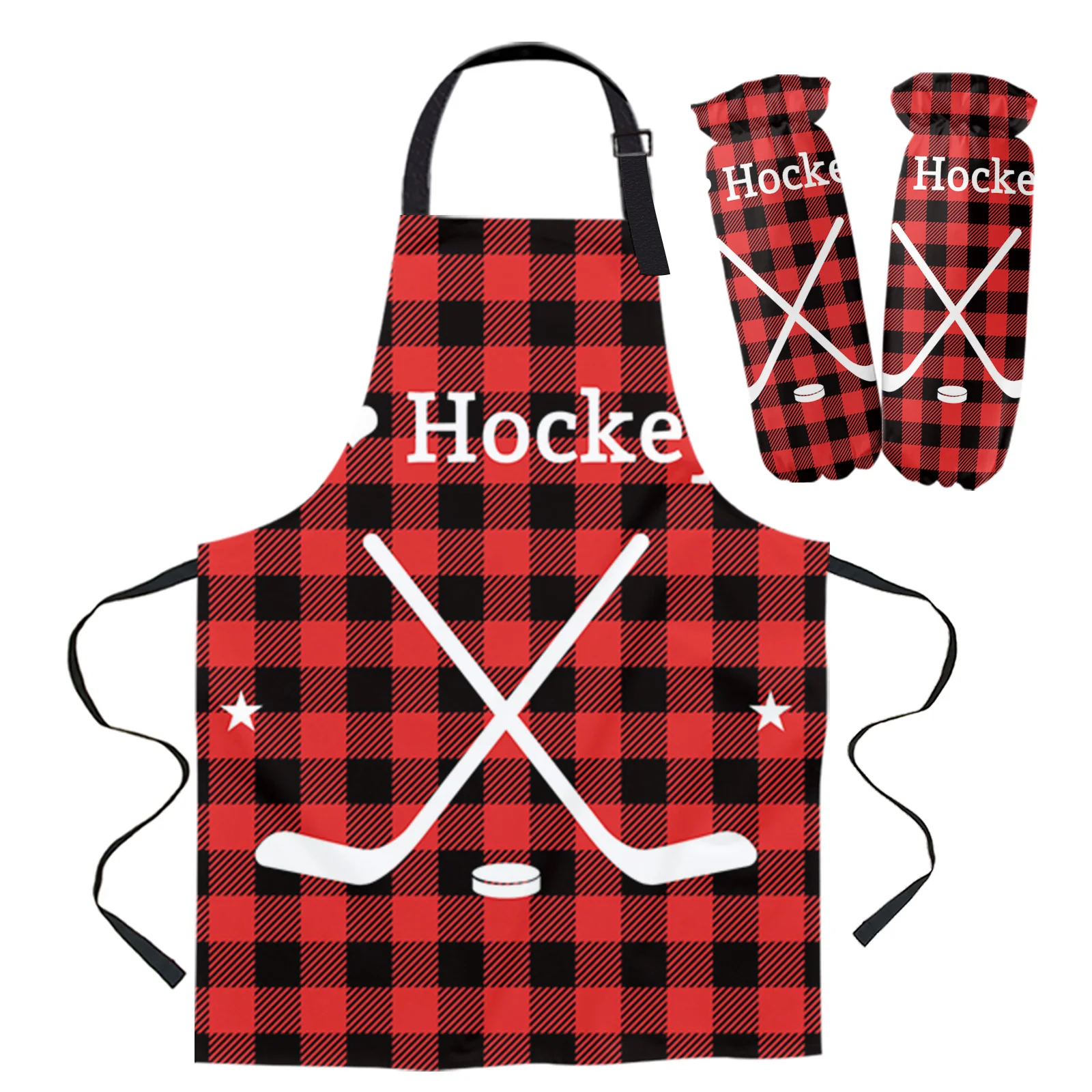 Sport Hockey I Love Hockey Red Plaid Background Apron Kitchen Baking Accessories Kitchen Bib For Cooking Apron Cuff Kit Aprons