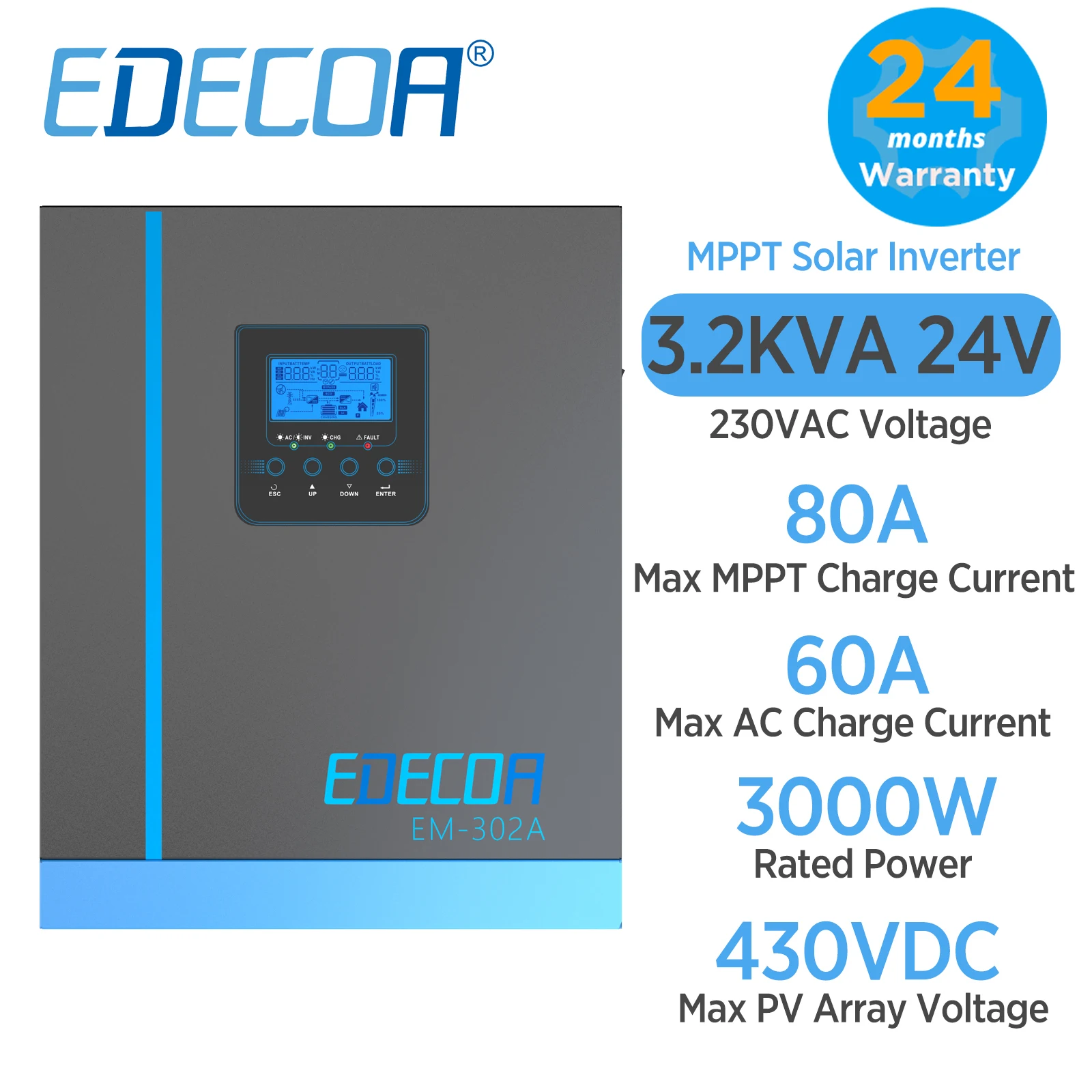 

EDECOA 3000W 24V solar hybrid inverter 220V 3.2KVA MPPT 80A 450VDC solar charger controller pure sine wave UPS