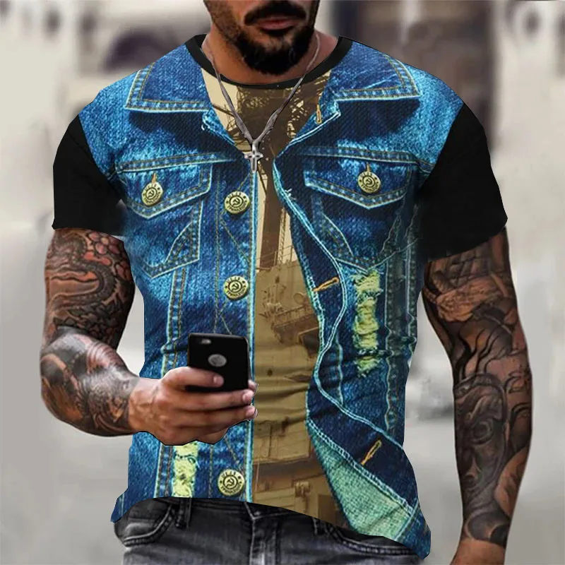 

2022 summer new men's high-quality trend fake jacket printed T-shirt skeleton 3D printed Street casual top