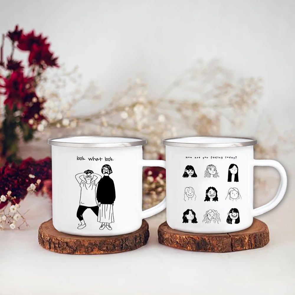 

Girl Print Simple Enamel Coffee Mugs Creative Party Beer Drink Juice Cola Cups Office Home Breakfast Milk Mug Friend Best Gifts