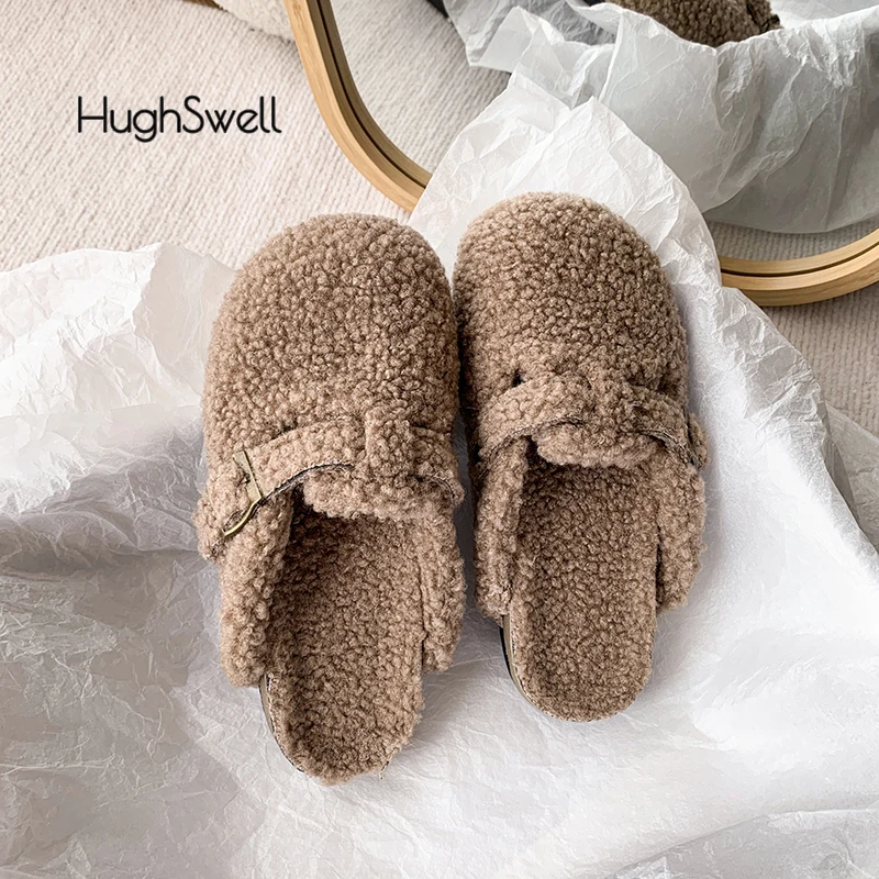 Уютные женские зимние теплые шлепанцы из овечьей шерсти с закрытым носком