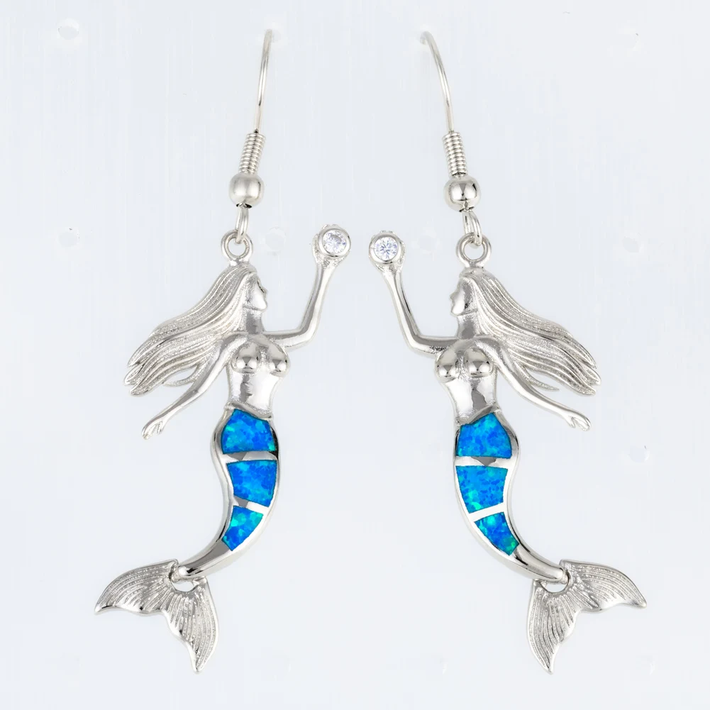 

KONGMOON Mermaid Ocean Blue Fire Opal Silver Plated Jewelry for Women Dangle Drop Earrings