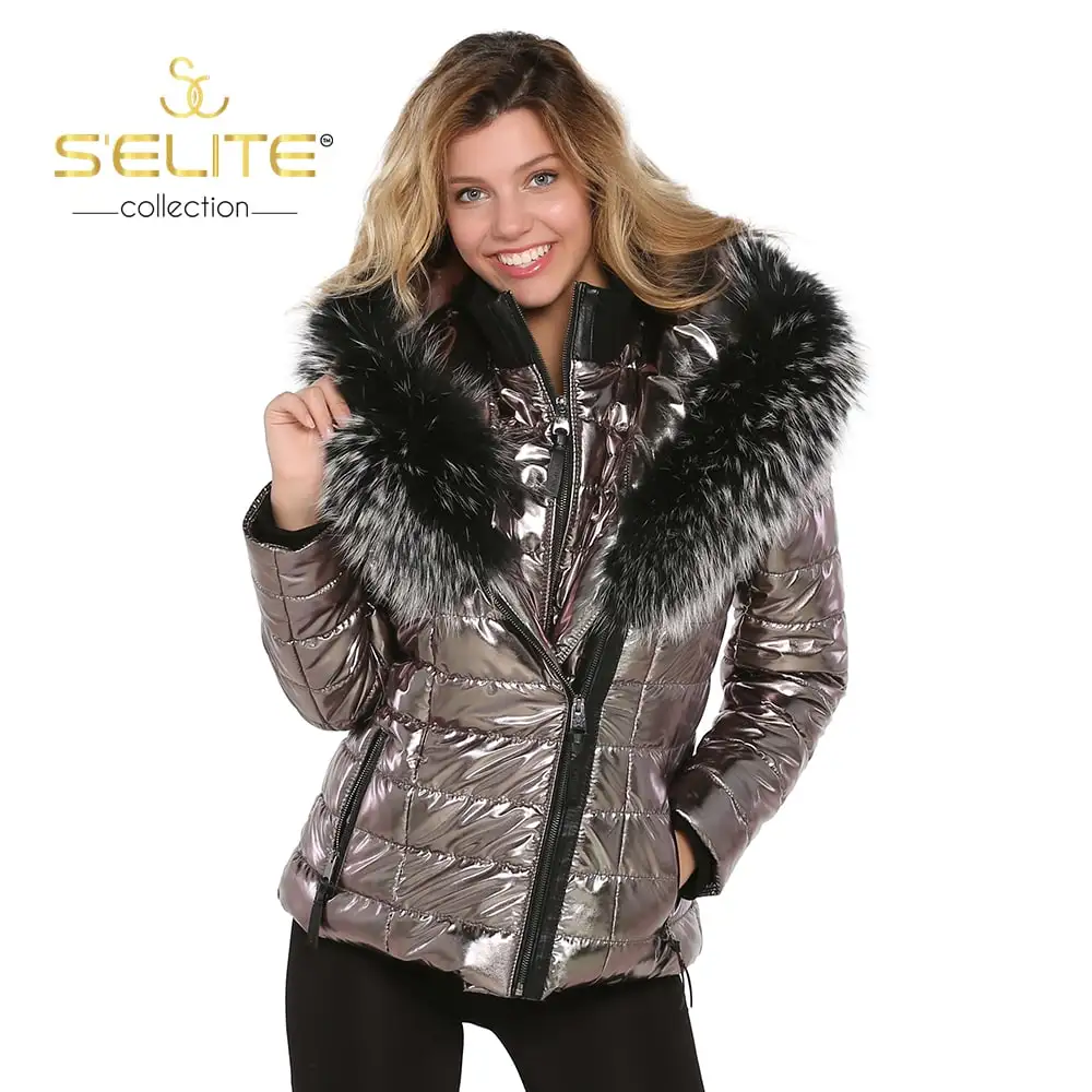 S'elite collection metallic steel hedgehog women coat real fur genuine leather outwear water repellent winter autumn gift