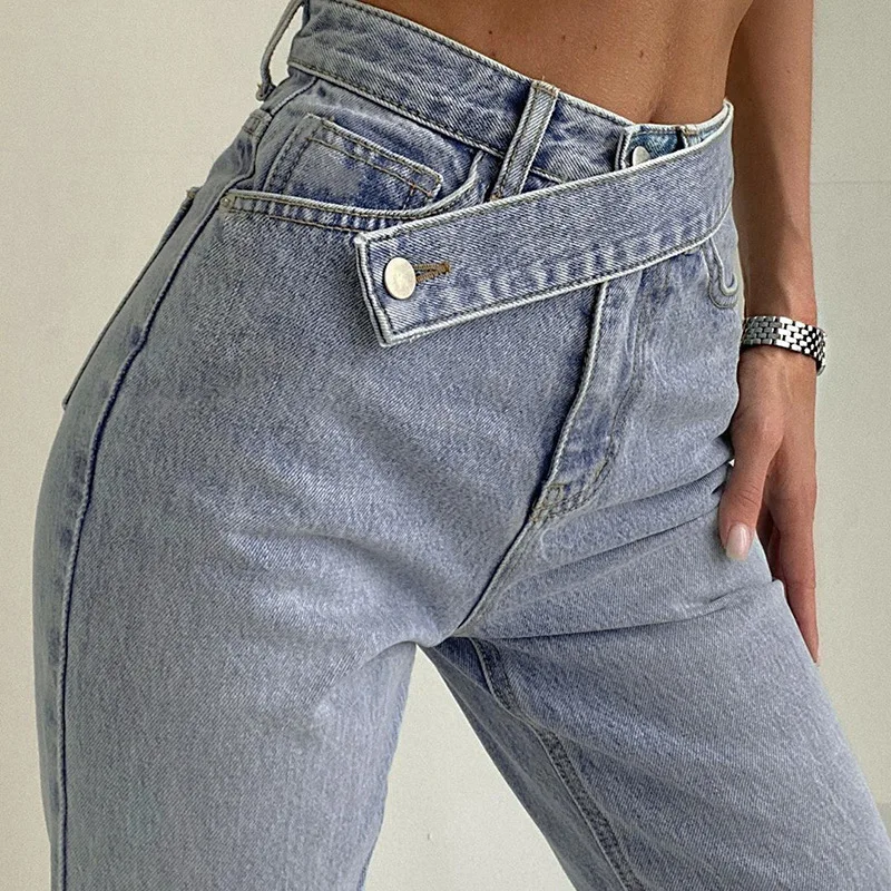 Women Straight Leg Trousers Irregular Belt High Waisted Jeans Spring Autumn Fashion Boyfriend Casual Loose Harajuku Denim Pants