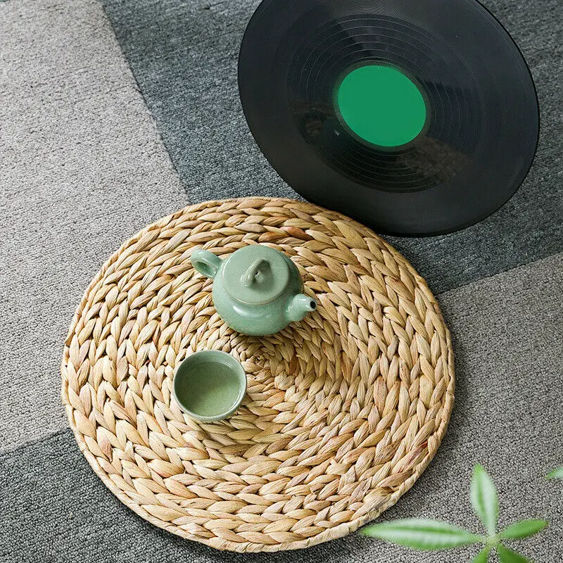 

2 Pcs Round Rattan Placemats Hand-woven Natural Straw Coasters Drink Cup Coaster Heat Insulation Table Mats Kitchen Decoration