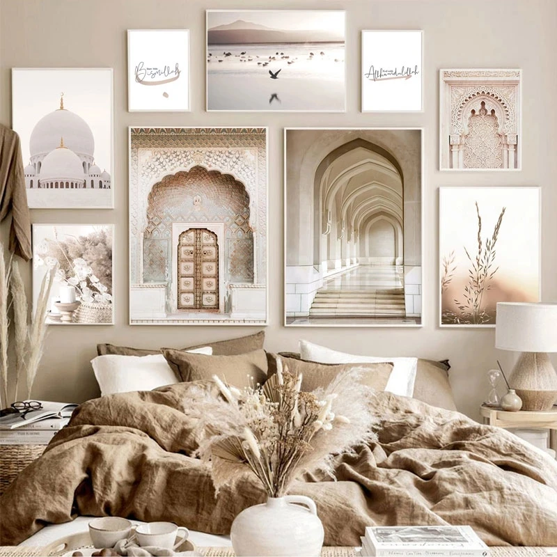

Islamic Mosque Ancient Door Art Canvas Painting Bismillah Allah Arabic Calligraphy Poster Beige Landscape Muslim Wall Pictures