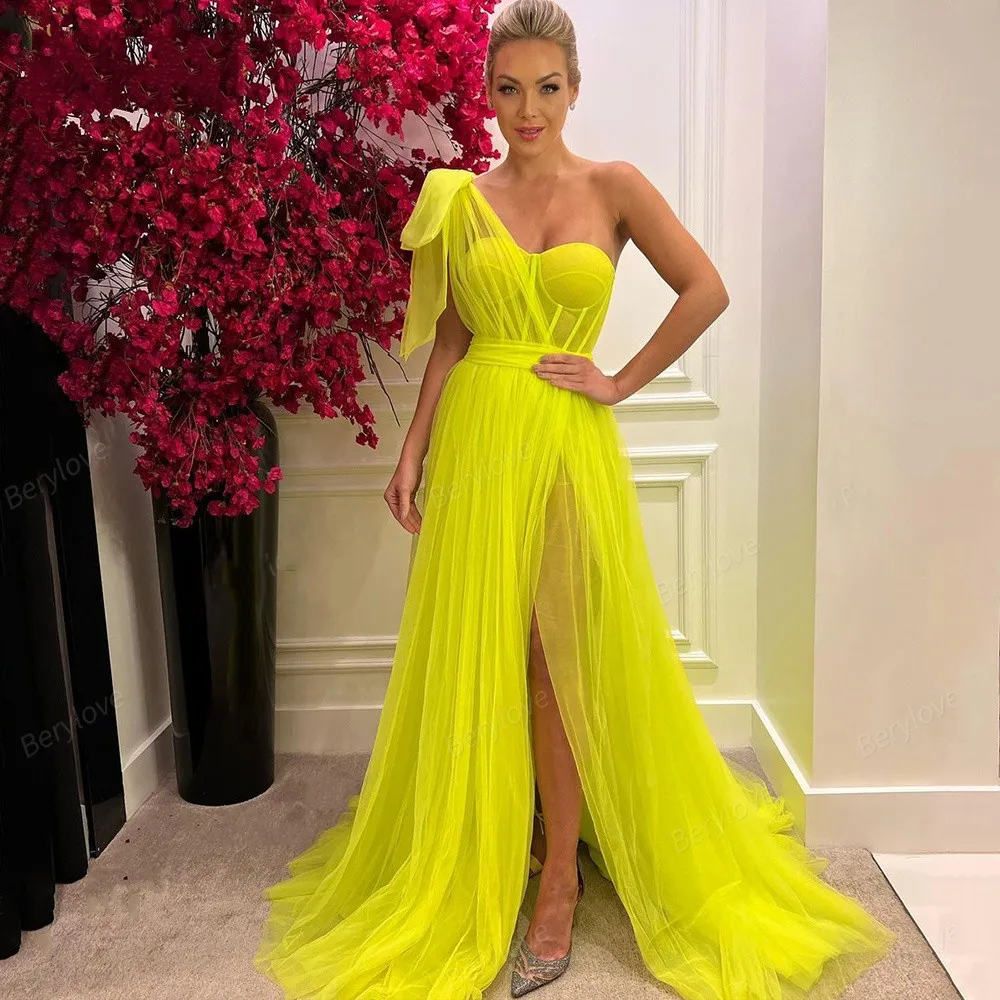 

Yellow One Shoulder Prom Party Dresses Sweetheart Long Split Tulle Evening Formal Gowns Robe Soiree Vestidos De Gala Festa