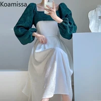 koamissa 2022 spring autumn patchwork color vestidos women square collar vintage one piece dress korean elegant party long dress
