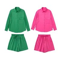 summer shorts suit green long sleeve high waist shorts 2 pcs set pajamas for women loose sleepwear casual female pijama homewear