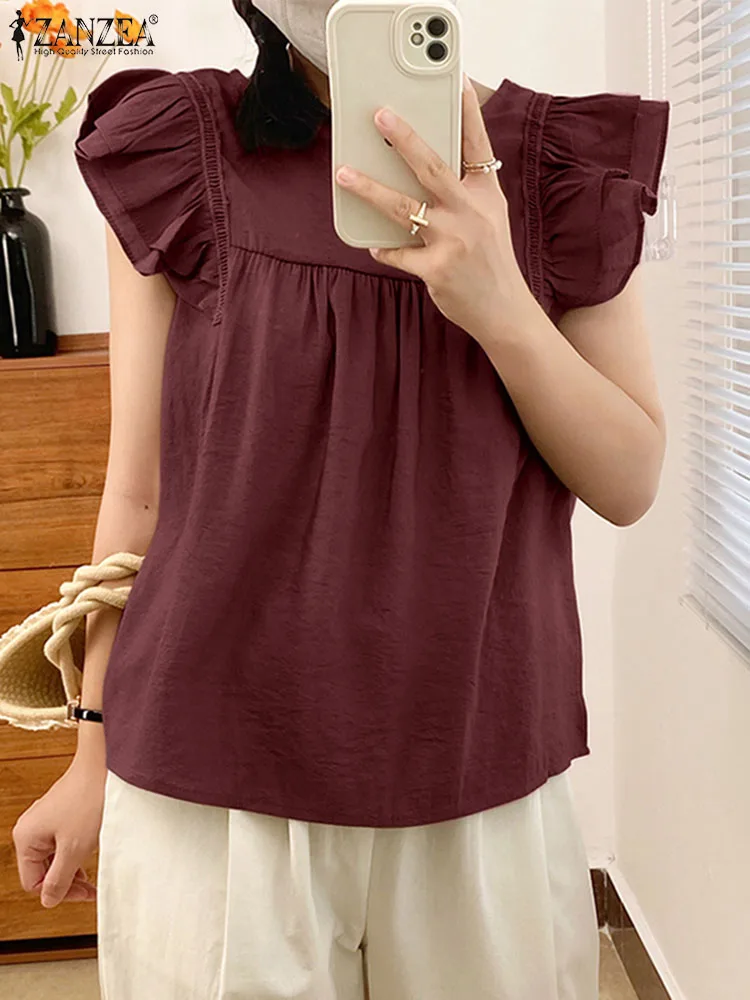 

ZANZEA Holiday Causal Tops Women Sleeveless Ruffles Blouse Summer Elegant Work Shirt Femme O-Neck Party Tunic Blusas Beach Mujer