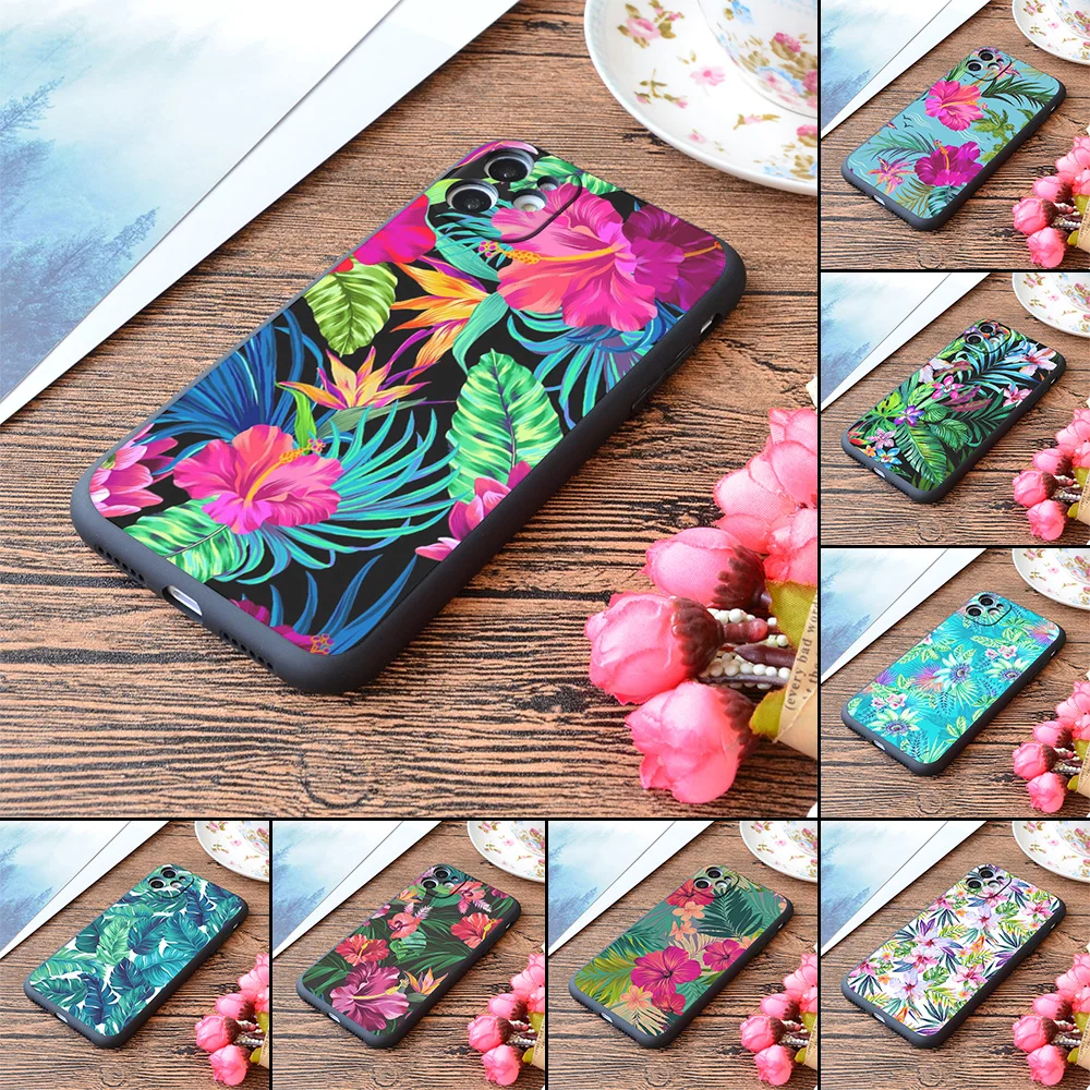 

Hibiscus Pattern Silicone Phone Case For iPhone 13 12 11 Pro Max Mini XS X XR SE 7 8 6 6S Plus Soft Cover Flower Floral Leaf