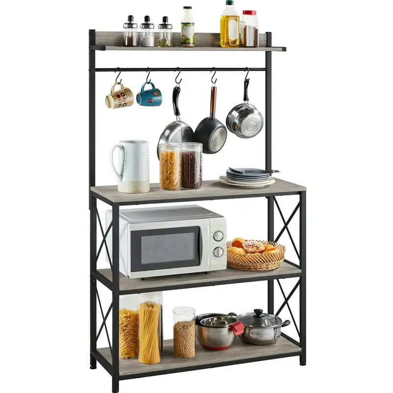 

Bakers Rack Kitchen Storage with S-Hooks, Gray