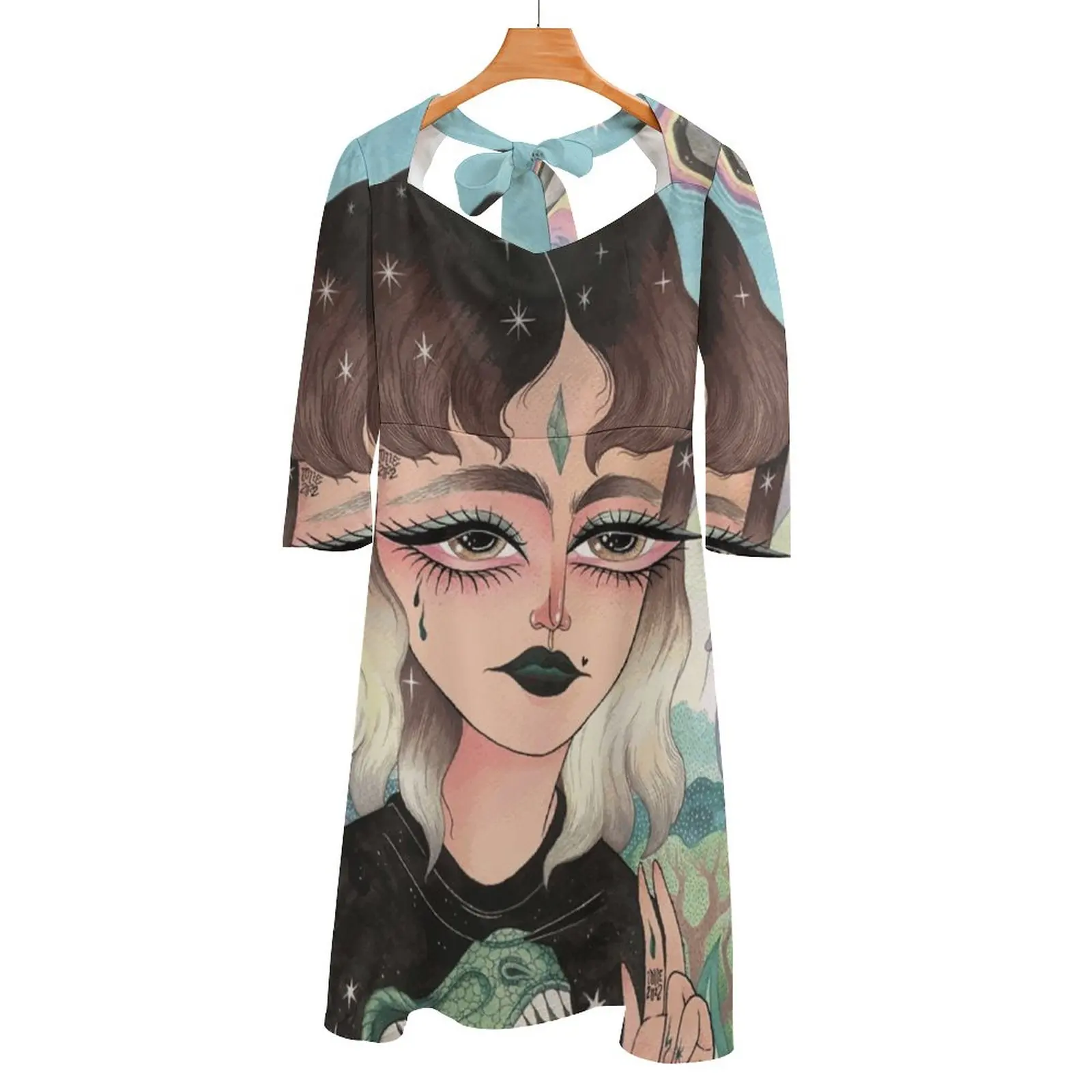 

Last Day On Earth Back Lacing Backless Dress Square Neck Dress Sweet Elegant Dress Dinosaurs Watercolors Portrait Landscape