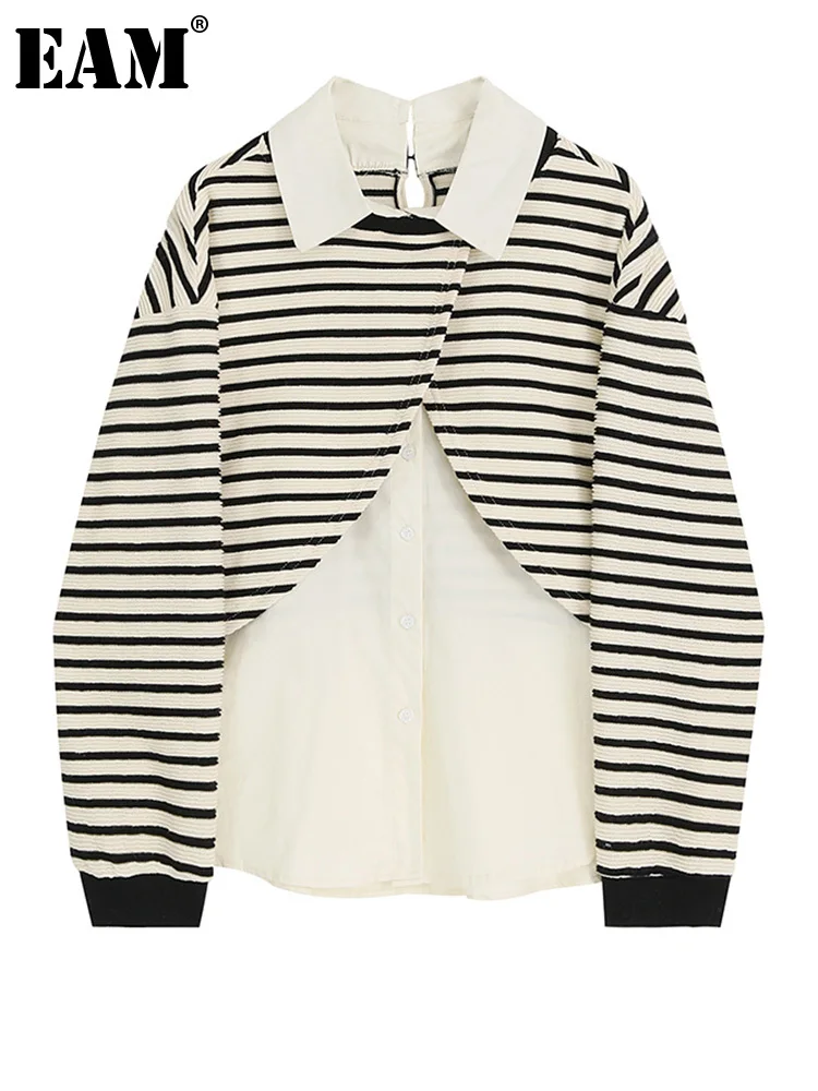 

[EAM] Women Striped Spliced Big Size Blouse New Lapel Long Sleeve Loose Fit Shirt Fashion Tide Spring Autumn 2023 1DF5030