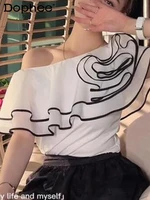 sexy slash collar t shirt women 2022 summer clothing ruffled top korean style all match tees white black