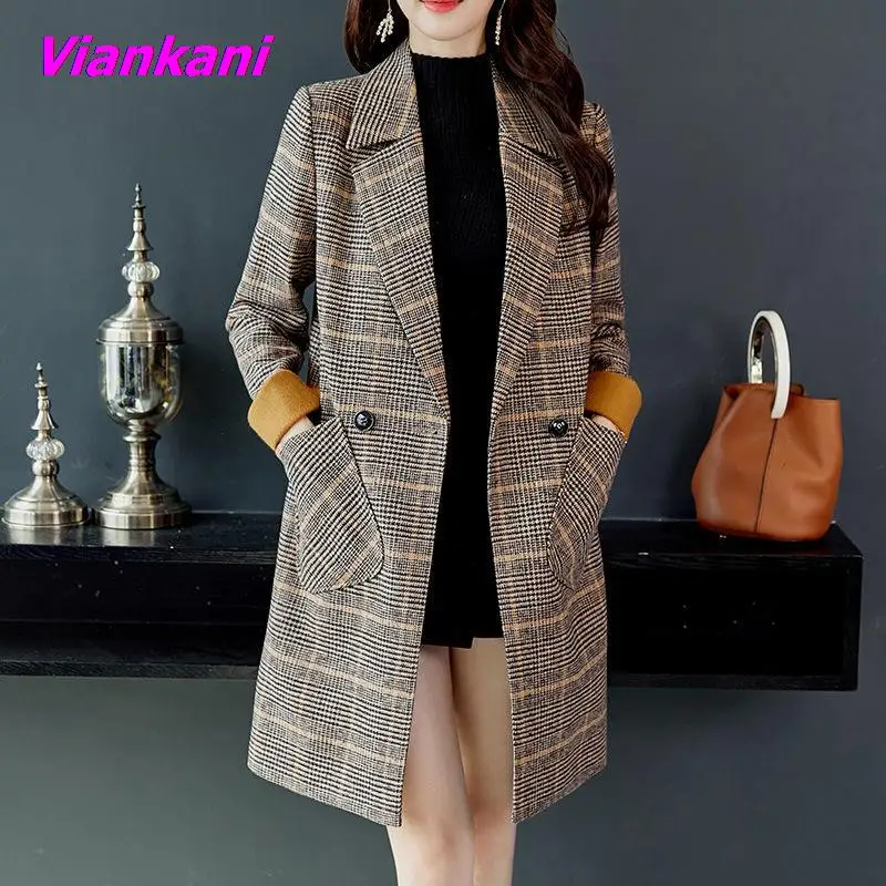 

Women Jackets Elegant Lapel Winter Outerwear Plaid Printed Long Sleeve Wool Coats High Fashion Lady Office Casual Long Overcoat