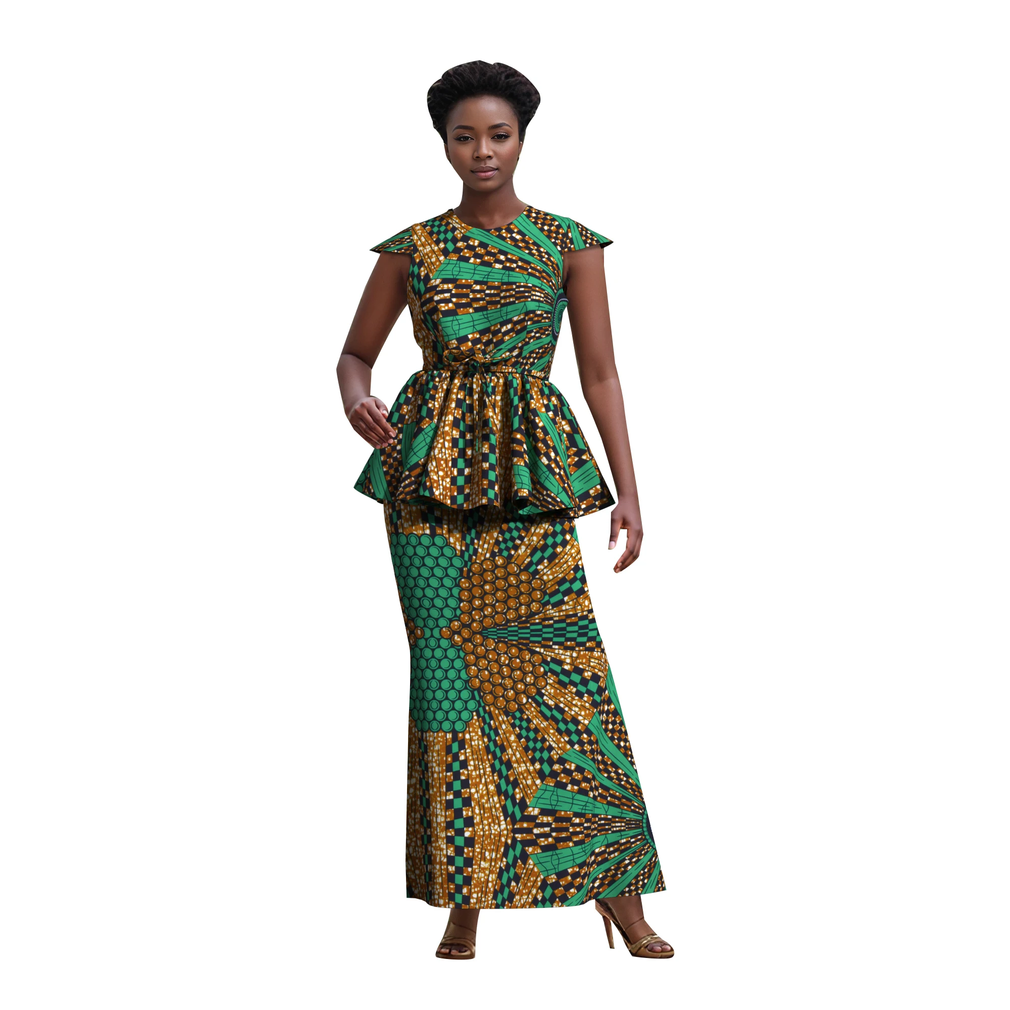 Фото Костюм BintaRealWax Kente Geometric Africa из двух предметов: топ с рукавами-крылышками и завязками на талии, пэплум-топ, макси-юбка, женский деловой костюм WY10558 №4