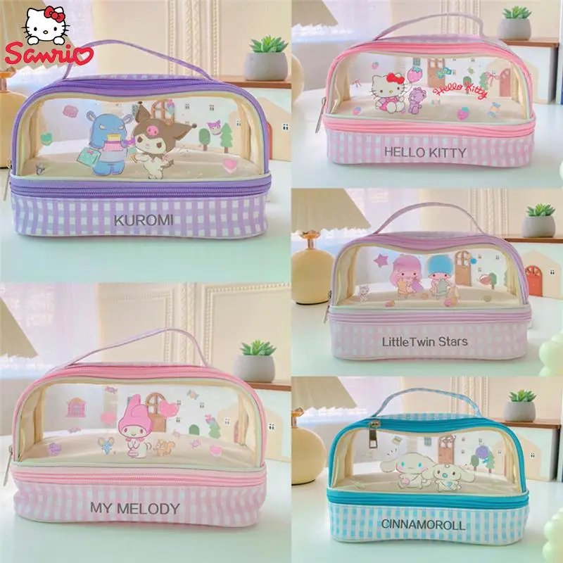 

Sanrio Pencil Case Kuromi Stationery Box Hello Kitty Double Layer Transparent Portable High Capacity Storage Bag Student Gift
