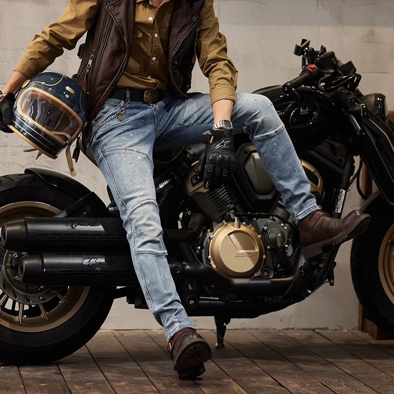 Мужские облегающие джинсы в стиле ретро голубые потертые мотоциклетные брюки