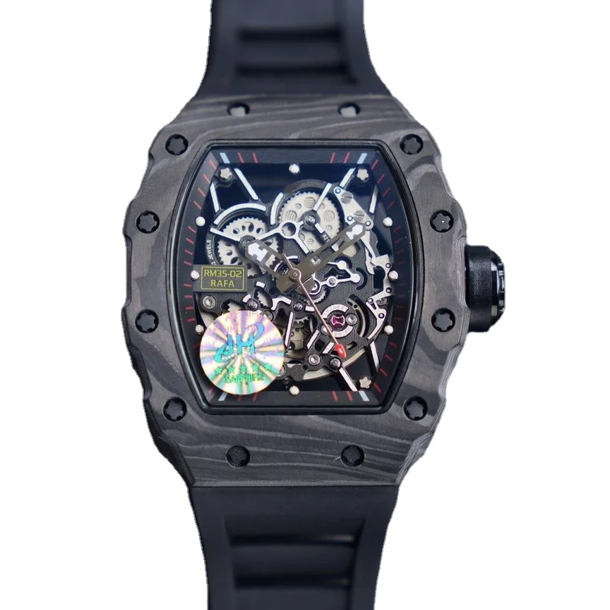 

High-Top Carbon Fiber Mens Watches Rubber Black Red Mechanical Automatic Wristwatches Male Clock